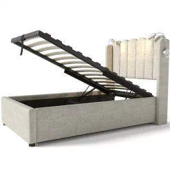 Okwish Lit Coffre 90x200 Cm - Lit Simple avec Ports USB et Lampe de Lecture - Lin - Sans Matelas - Beige Hot