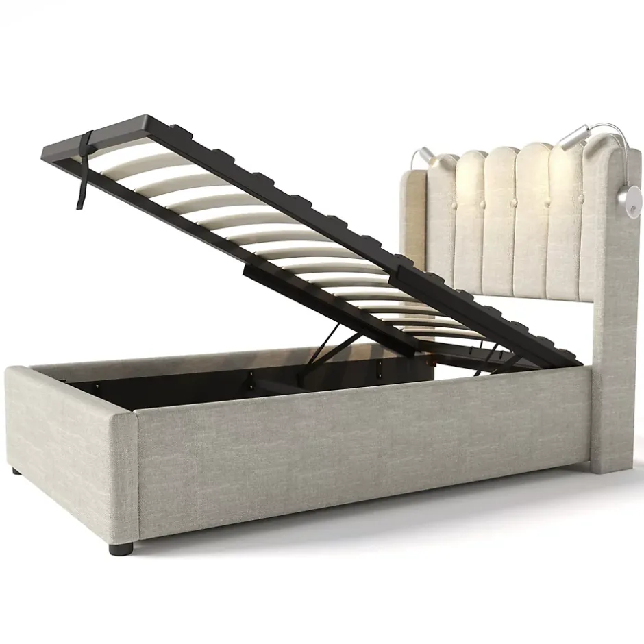 Okwish Lit Coffre 90x200 Cm - Lit Simple avec Ports USB et Lampe de Lecture - Lin - Sans Matelas - Beige Hot