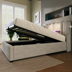 Okwish Lit Coffre 90x200 Cm - Lit Simple avec Ports USB et Lampe de Lecture - Lin - Sans Matelas - Beige Hot