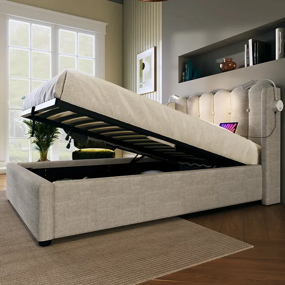 Okwish Lit Coffre 90x200 Cm - Lit Simple avec Ports USB et Lampe de Lecture - Lin - Sans Matelas - Beige Hot