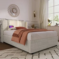 Okwish Lit Coffre 90x200 Cm - Lit Simple avec Ports USB et Lampe de Lecture - Lin - Sans Matelas - Beige Hot