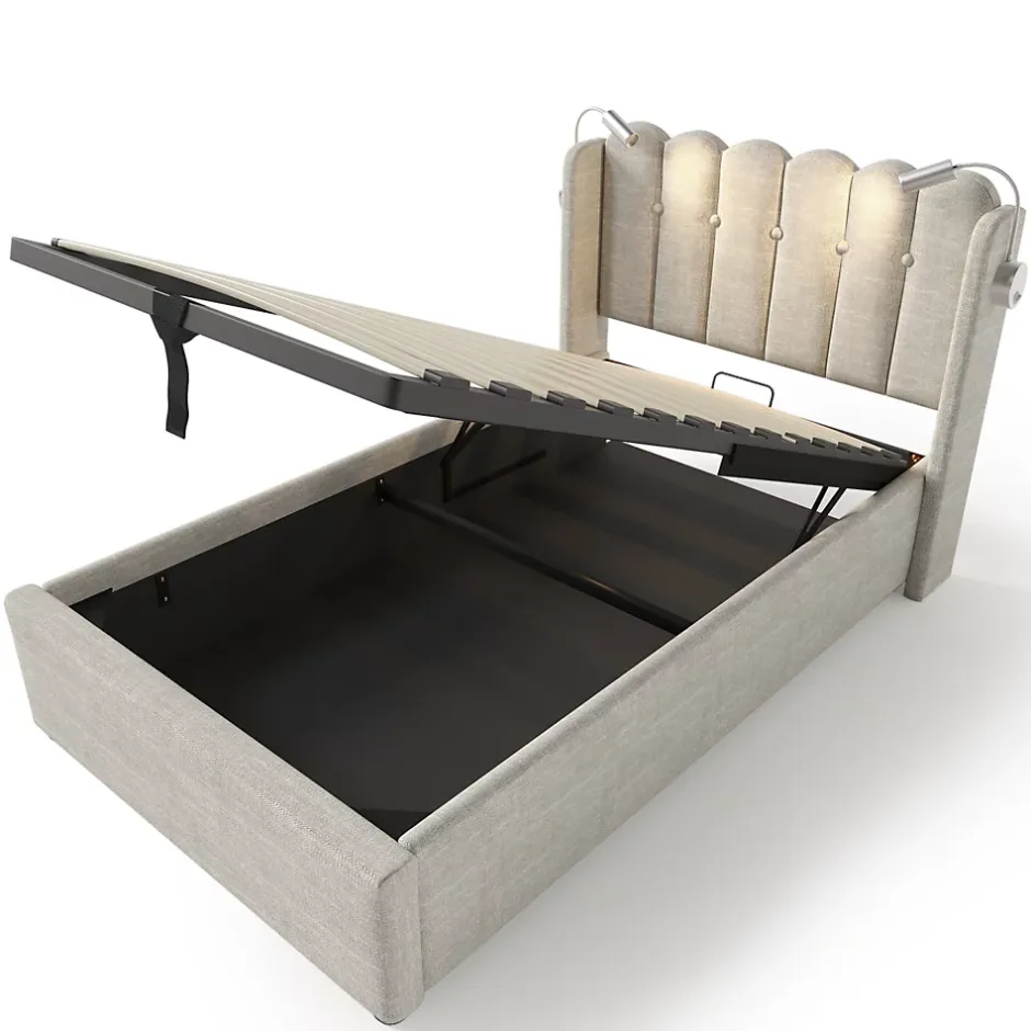 Okwish Lit Coffre 90x200 Cm - Lit Simple avec Ports USB et Lampe de Lecture - Lin - Sans Matelas - Beige Hot