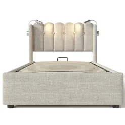 Okwish Lit Coffre 90x200 Cm - Lit Simple avec Ports USB et Lampe de Lecture - Lin - Sans Matelas - Beige Hot