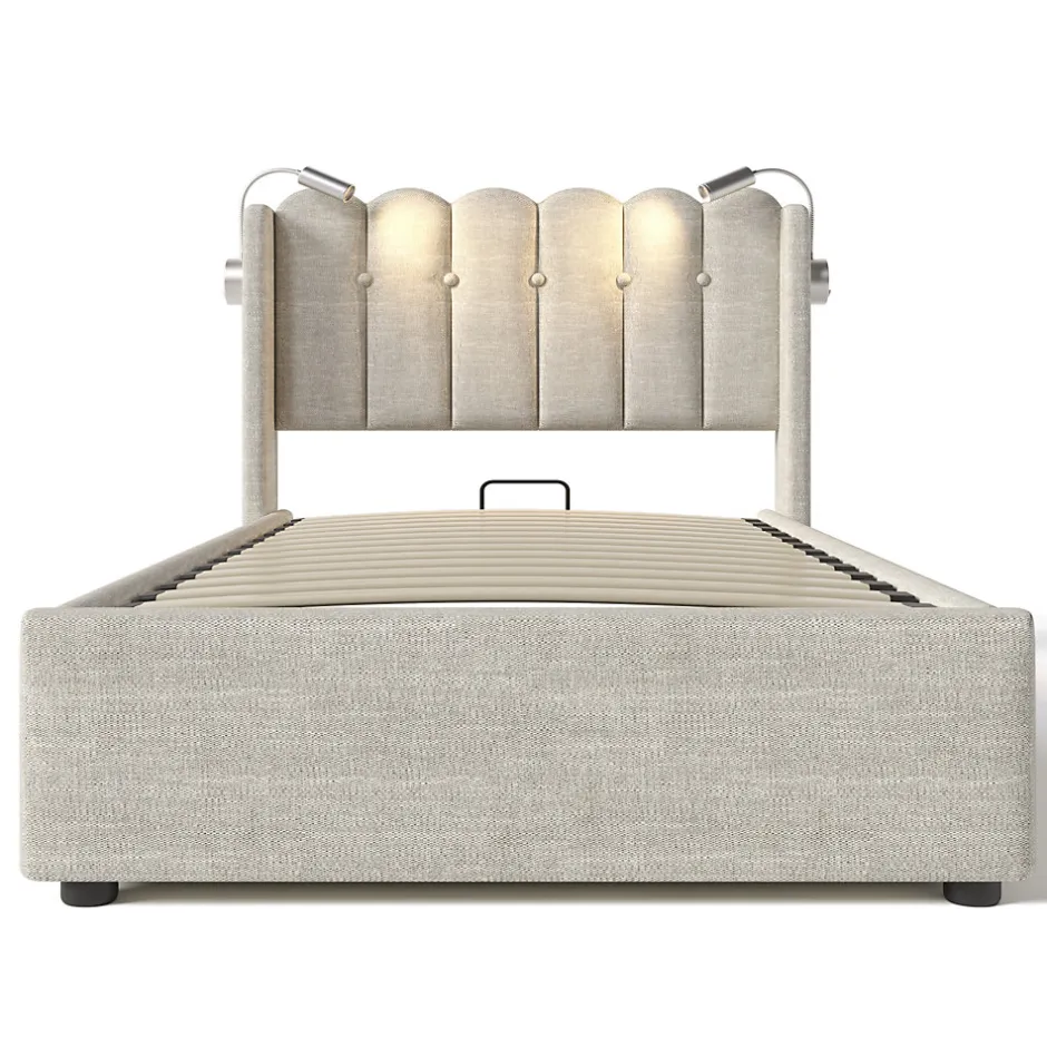 Okwish Lit Coffre 90x200 Cm - Lit Simple avec Ports USB et Lampe de Lecture - Lin - Sans Matelas - Beige Hot