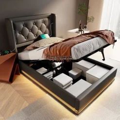Generique Lit coffre 90x200 cm - Lit simple rembourré avec USB Type-C et LED - PU - Sans Matelas - Noir