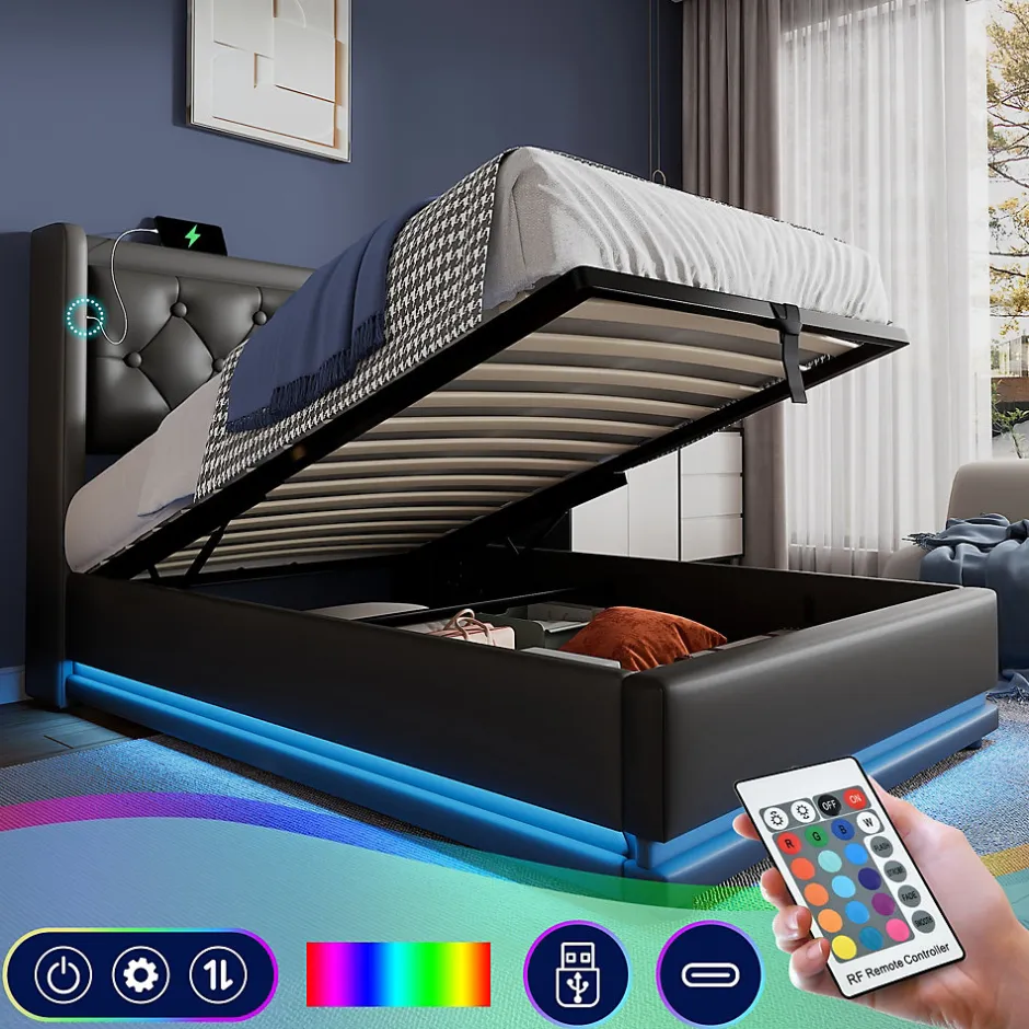 Generique Lit coffre 90x200 cm - Lit simple rembourré avec USB Type-C et LED - PU - Sans Matelas - Noir