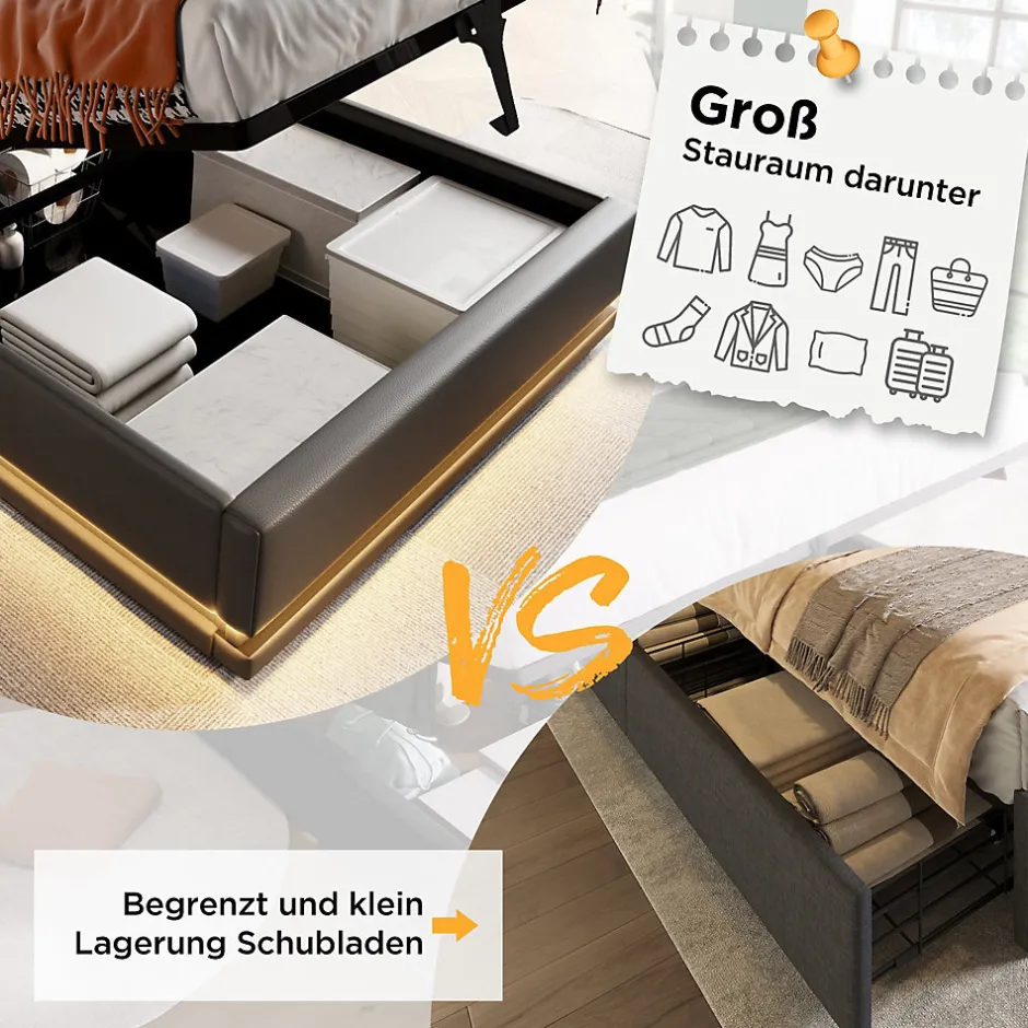 Generique Lit coffre 90x200 cm - Lit simple rembourré avec USB Type-C et LED - PU - Sans Matelas - Noir