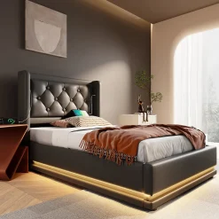 Generique Lit coffre 90x200 cm - Lit simple rembourré avec USB Type-C et LED - PU - Sans Matelas - Noir