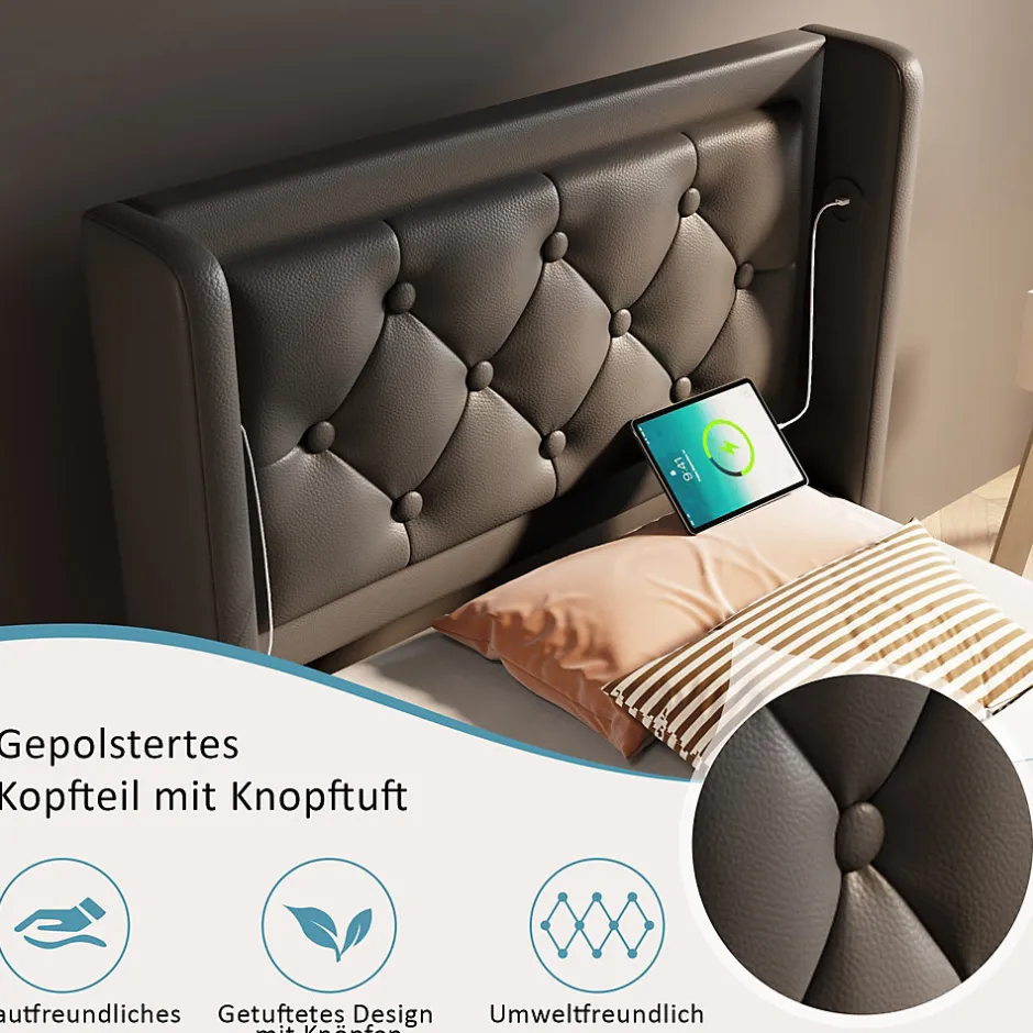 Generique Lit coffre 90x200 cm - Lit simple rembourré avec USB Type-C et LED - PU - Sans Matelas - Noir