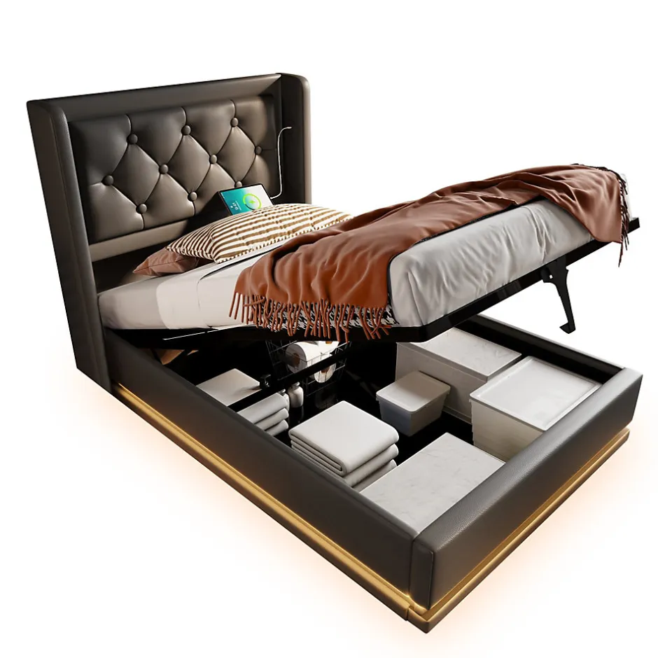 Generique Lit coffre 90x200 cm - Lit simple rembourré avec USB Type-C et LED - PU - Sans Matelas - Noir