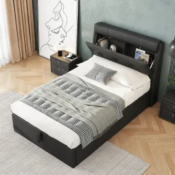 Okwish Lit Coffre 90x200 cm - Lit Simple Capitonné avec Tête de Lit et Rangement Caché - PU - Sans Matelas - Noir