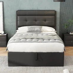 Okwish Lit Coffre 90x200 cm - Lit Simple Capitonné avec Tête de Lit et Rangement Caché - PU - Sans Matelas - Noir