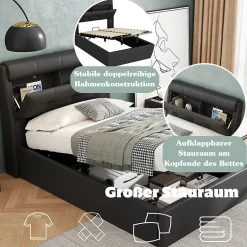 Okwish Lit Coffre 90x200 cm - Lit Simple Capitonné avec Tête de Lit et Rangement Caché - PU - Sans Matelas - Noir