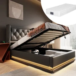 Okwish Lit coffre 90x200 cm - Lit simple rembourré avec USB Type-C et LED - PU - Matelas Inclus - Noir