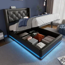 Okwish Lit coffre 90x200 cm - Lit simple rembourré avec USB Type-C et LED - PU - Matelas Inclus - Noir