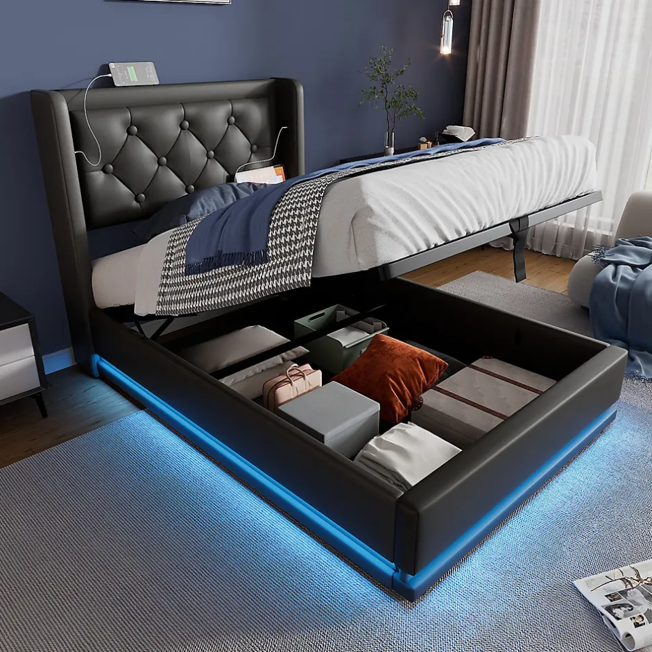 Okwish Lit coffre 90x200 cm - Lit simple rembourré avec USB Type-C et LED - PU - Matelas Inclus - Noir