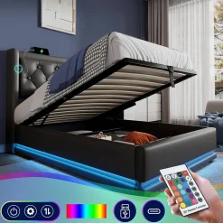 Okwish Lit coffre 90x200 cm - Lit simple rembourré avec USB Type-C et LED - PU - Matelas Inclus - Noir