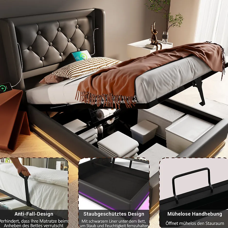 Okwish Lit coffre 90x200 cm - Lit simple rembourré avec USB Type-C et LED - PU - Matelas Inclus - Noir