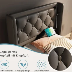 Okwish Lit coffre 90x200 cm - Lit simple rembourré avec USB Type-C et LED - PU - Matelas Inclus - Noir