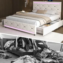 Simple Life Lit Coffre 140x190 cm, 4 tiroirs, LED, USB, Velours, Beige Hot