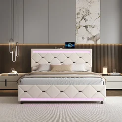 Simple Life Lit Coffre 140x190 cm, 4 tiroirs, LED, USB, Velours, Beige Hot
