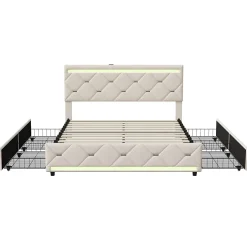 Simple Life Lit Coffre 140x190 cm, 4 tiroirs, LED, USB, Velours, Beige Hot