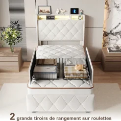 Simple Life Lit Coffre 90x200 cm avec éclairage LED et Charge USB, Lit simple Rembourré avec 2 tiroirs, Sommier à Lattes, Velours, Beige