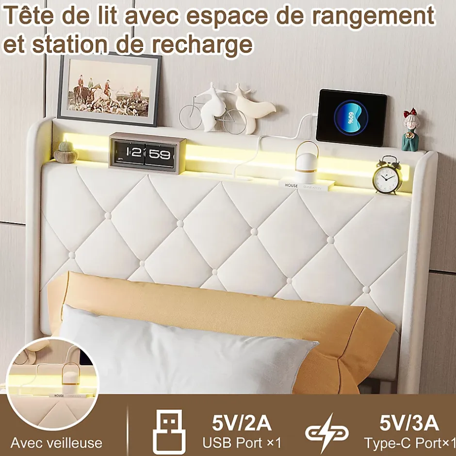 Simple Life Lit Coffre 90x200 cm avec éclairage LED et Charge USB, Lit simple Rembourré avec 2 tiroirs, Sommier à Lattes, Velours, Beige