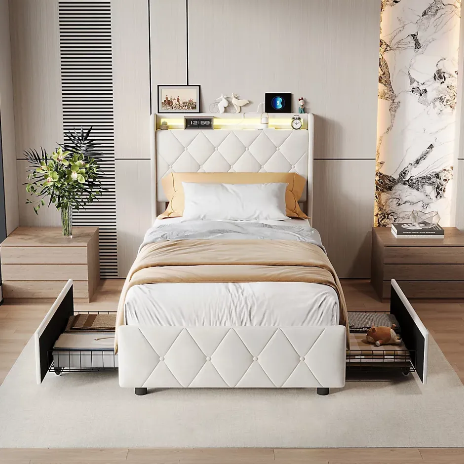 Simple Life Lit Coffre 90x200 cm avec éclairage LED et Charge USB, Lit simple Rembourré avec 2 tiroirs, Sommier à Lattes, Velours, Beige