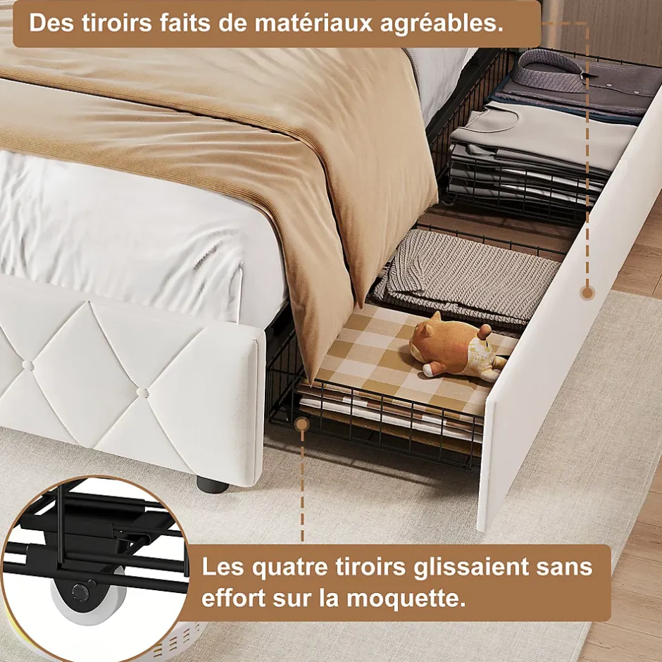 Simple Life Lit Coffre 90x200 cm avec éclairage LED et Charge USB, Lit simple Rembourré avec 2 tiroirs, Sommier à Lattes, Velours, Beige