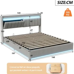 Simple Life Lit Coffre 140x190 cm avec éclairage LED et Charge USB, Lit Double avec Rangement, Sommier à Lattes, Velours, Gris