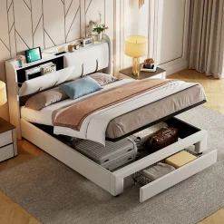 Simple Life Lit coffre 140x200 cm avec LED, sommier à lattes, USB Type-C, capitonné velours blanc