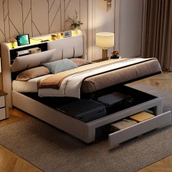 Simple Life Lit coffre 140x200 cm avec LED, sommier à lattes, USB Type-C, capitonné velours blanc