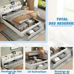 Simple Life Lit coffre 140x200 cm avec LED, sommier à lattes, USB Type-C, capitonné velours blanc