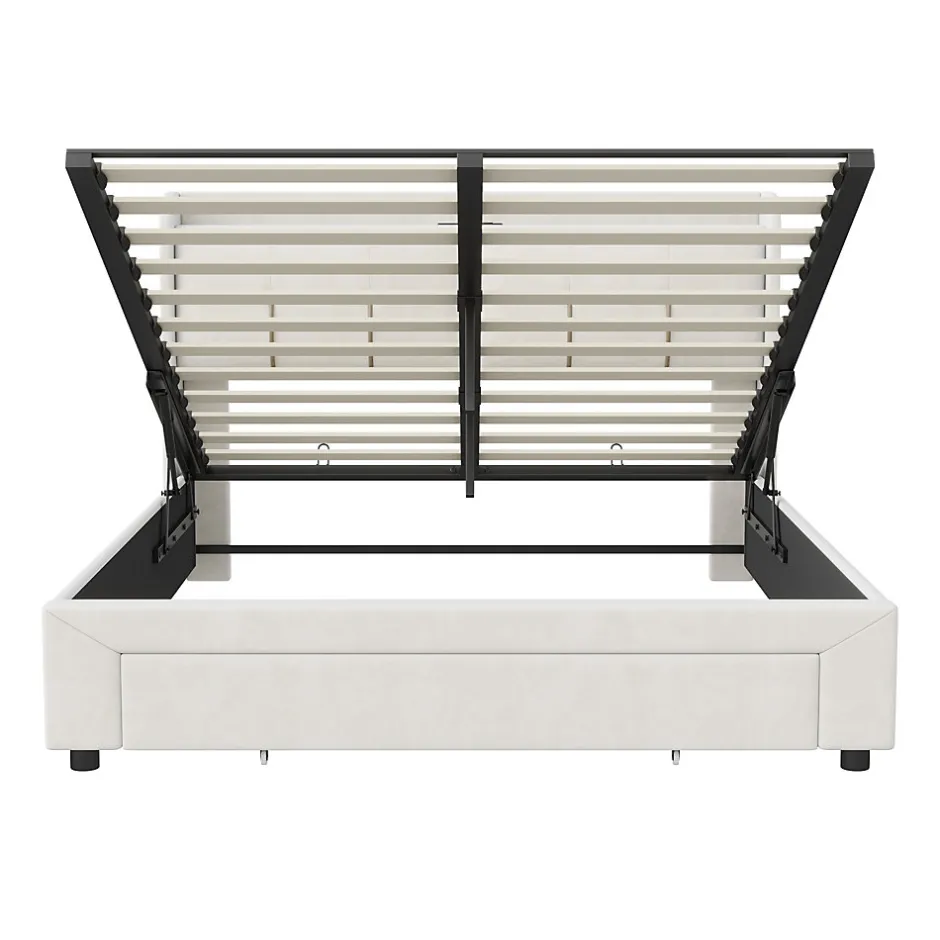 Simple Life Lit coffre 140x200 cm avec LED, sommier à lattes, USB Type-C, capitonné velours blanc