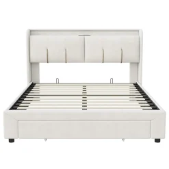 Simple Life Lit coffre 140x200 cm avec LED, sommier à lattes, USB Type-C, capitonné velours blanc