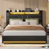 Simple Life Lit Coffre 140x200 cm, avec LED et USB, Lit Double Rembourre, avec Rangement, Tete de Lit, PU, Noir New