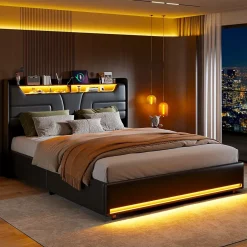 Simple Life Lit Coffre 140x200 cm, avec LED et USB, Lit Double Rembourre, avec Rangement, Tete de Lit, PU, Noir New
