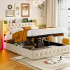 Simple Life Lit Coffre 160x200 cm, avec LED et USB, Lit Double Rembourre, avec Rangement, Tete de Lit, Velours, Beige