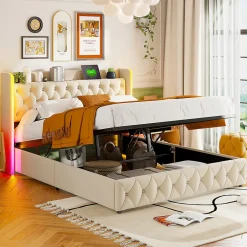Simple Life Lit Coffre 160x200 cm, avec LED et USB, Lit Double Rembourre, avec Rangement, Tete de Lit, Velours, Beige