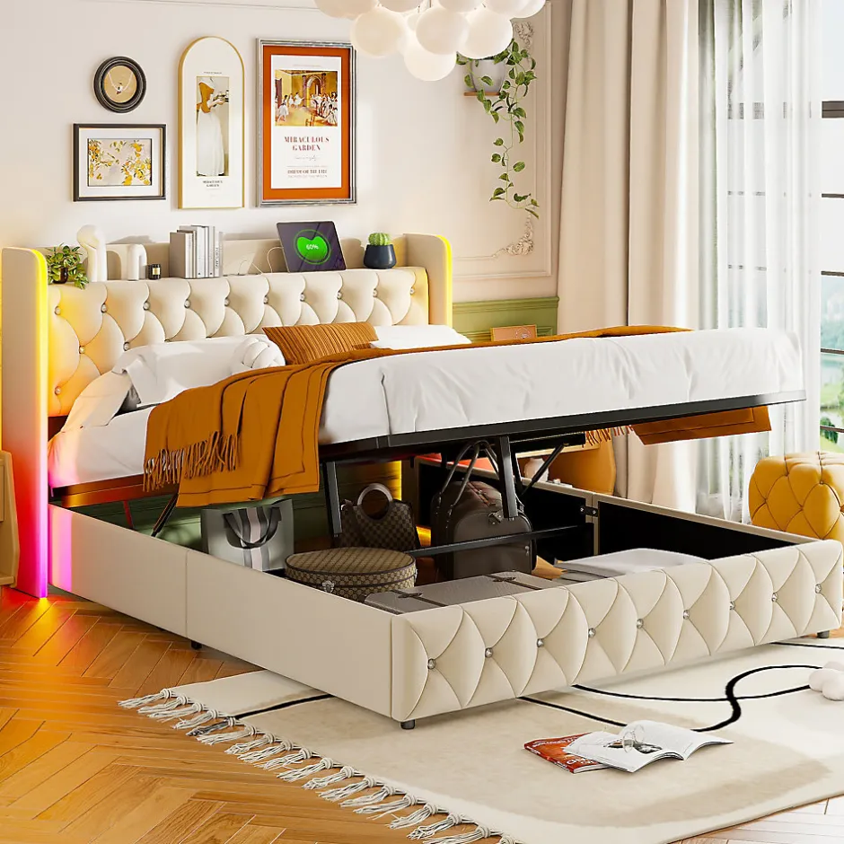 Simple Life Lit Coffre 160x200 cm, avec LED et USB, Lit Double Rembourre, avec Rangement, Tete de Lit, Velours, Beige