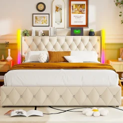 Simple Life Lit Coffre 160x200 cm, avec LED et USB, Lit Double Rembourre, avec Rangement, Tete de Lit, Velours, Beige