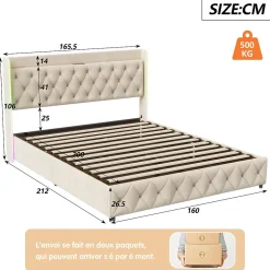 Simple Life Lit Coffre 160x200 cm, avec LED et USB, Lit Double Rembourre, avec Rangement, Tete de Lit, Velours, Beige