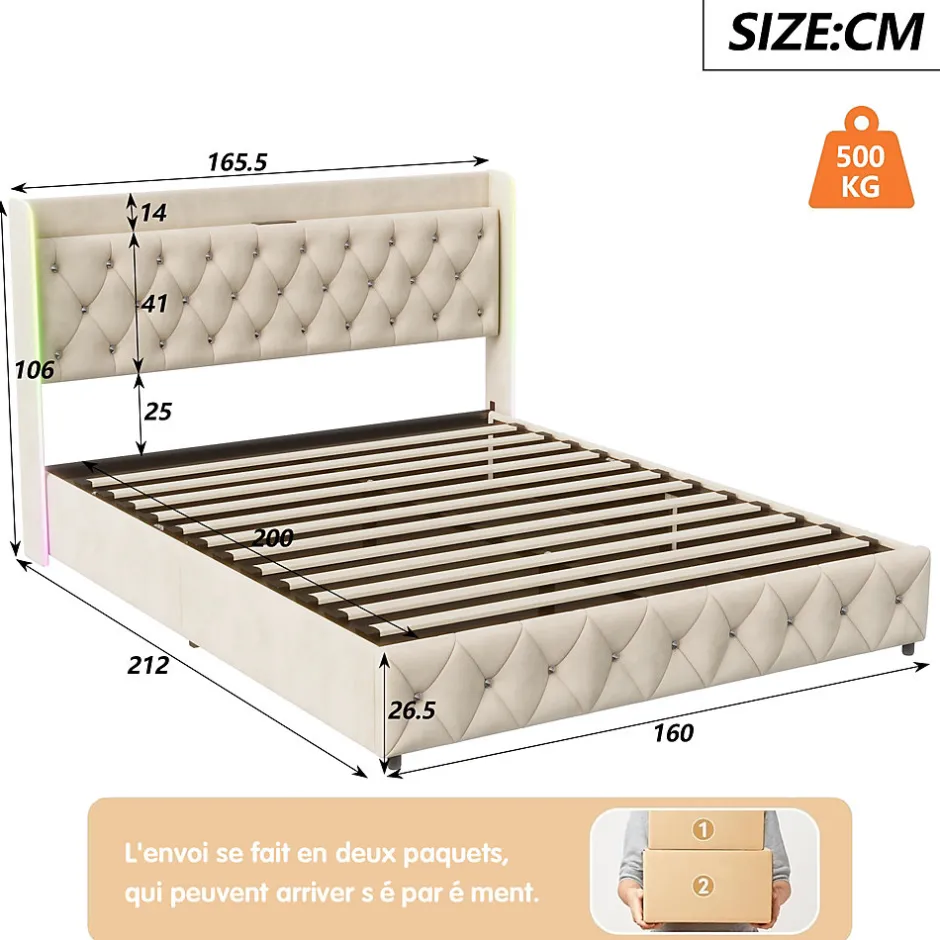Simple Life Lit Coffre 160x200 cm, avec LED et USB, Lit Double Rembourre, avec Rangement, Tete de Lit, Velours, Beige