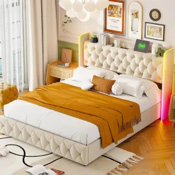Simple Life Lit Coffre 160x200 cm, avec LED et USB, Lit Double Rembourre, avec Rangement, Tete de Lit, Velours, Beige