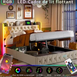 Simple Life Lit Coffre 160x200 cm, avec LED et USB, Lit Double Rembourre, avec Rangement, Tete de Lit, Velours, Beige
