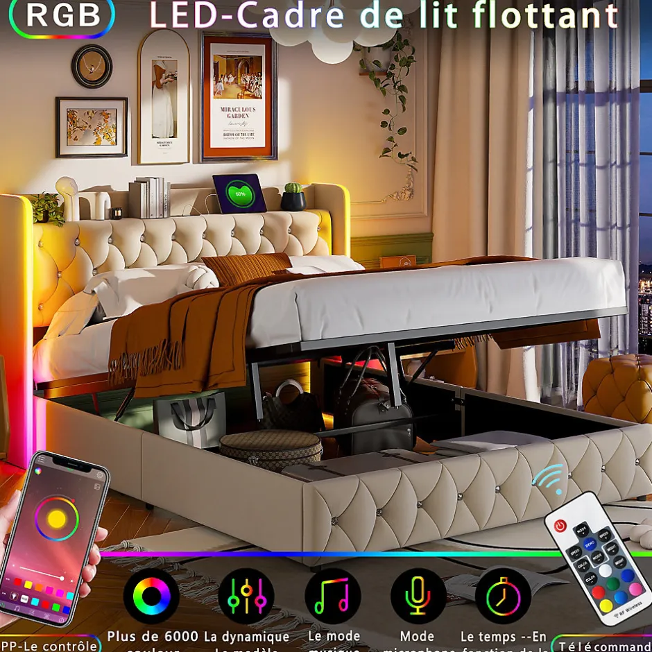 Simple Life Lit Coffre 160x200 cm, avec LED et USB, Lit Double Rembourre, avec Rangement, Tete de Lit, Velours, Beige