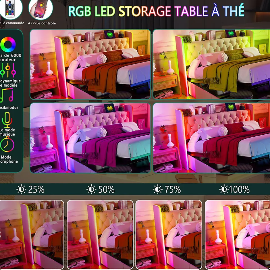 Simple Life Lit Coffre 160x200 cm, avec LED et USB, Lit Double Rembourre, avec Rangement, Tete de Lit, Velours, Beige