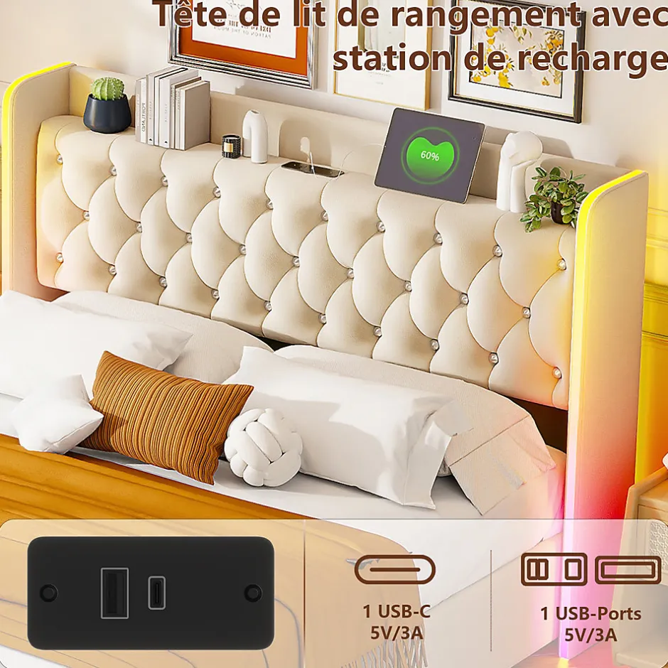 Simple Life Lit Coffre 160x200 cm, avec LED et USB, Lit Double Rembourre, avec Rangement, Tete de Lit, Velours, Beige