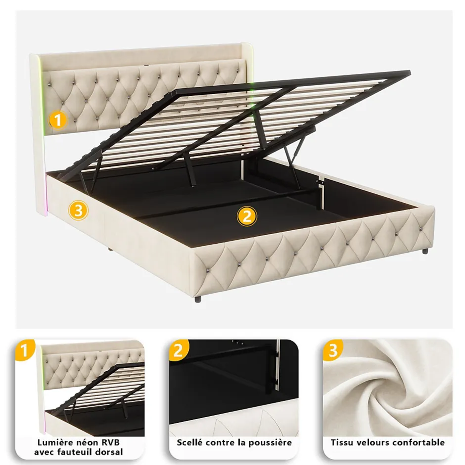Simple Life Lit Coffre 160x200 cm, avec LED et USB, Lit Double Rembourre, avec Rangement, Tete de Lit, Velours, Beige